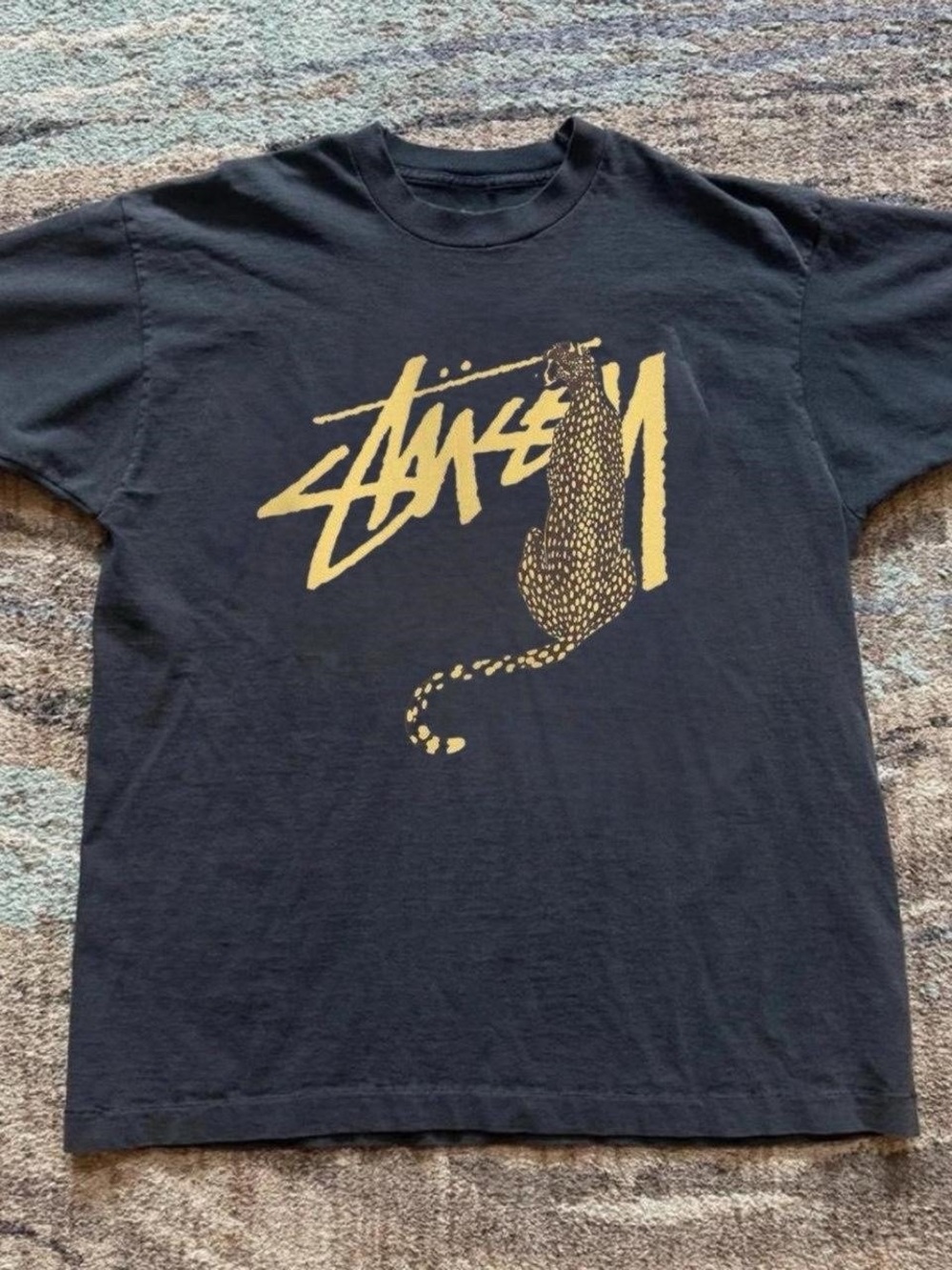 Stussy Black Short Sleeve Tee with  Leopard Graphic